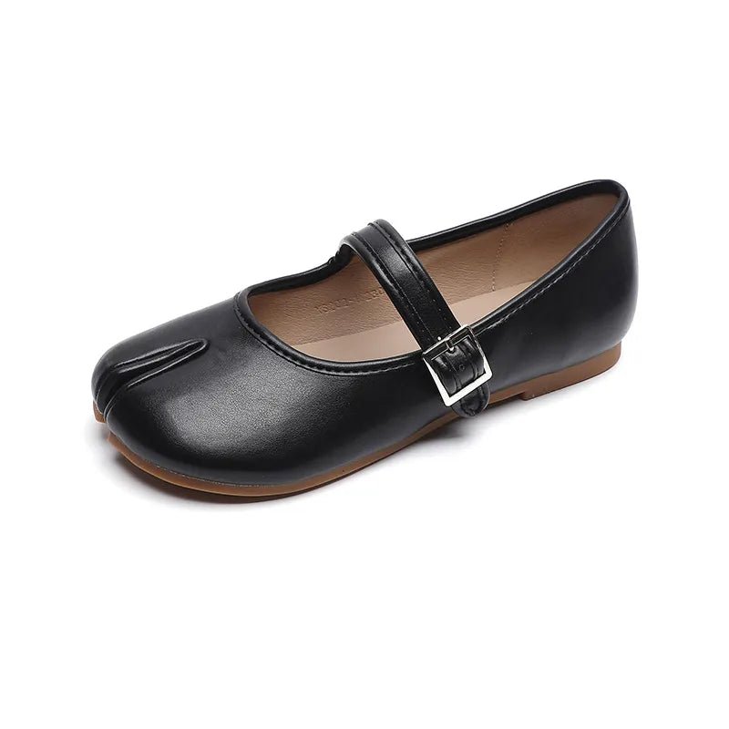 Women's split-toe PU leather flat slip-on shoes featuring a sleek design and comfortable fit from Plush Fashion Hub.