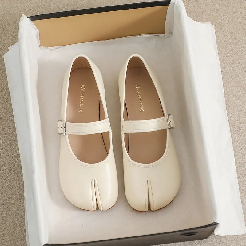 Women's split-toe PU leather flat slip-on shoes with a sleek design, perfect for casual and stylish wear from Plush Fashion Hub.
