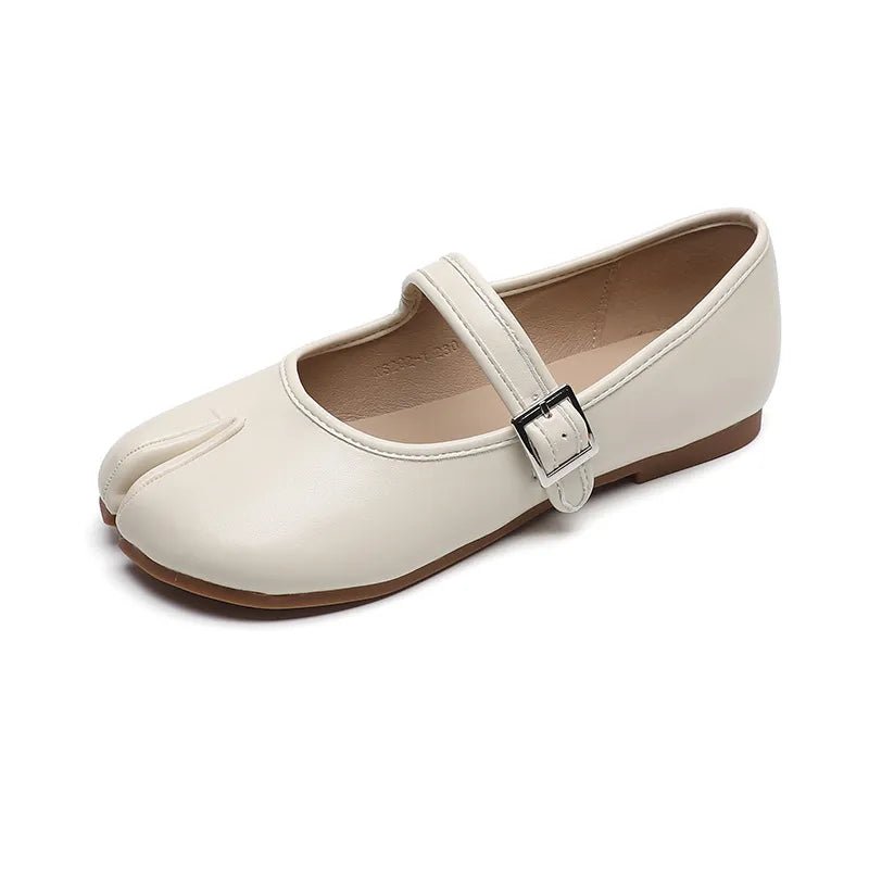 Women's split-toe PU leather flat slip-on shoes with a sleek design, ideal for casual or office wear.