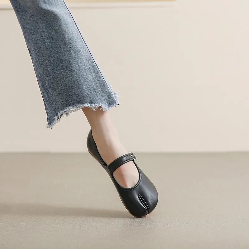 Women's split-toe PU leather flat slip-on shoes by Plush Fashion Hub, featuring a sleek design and comfortable flat sole.