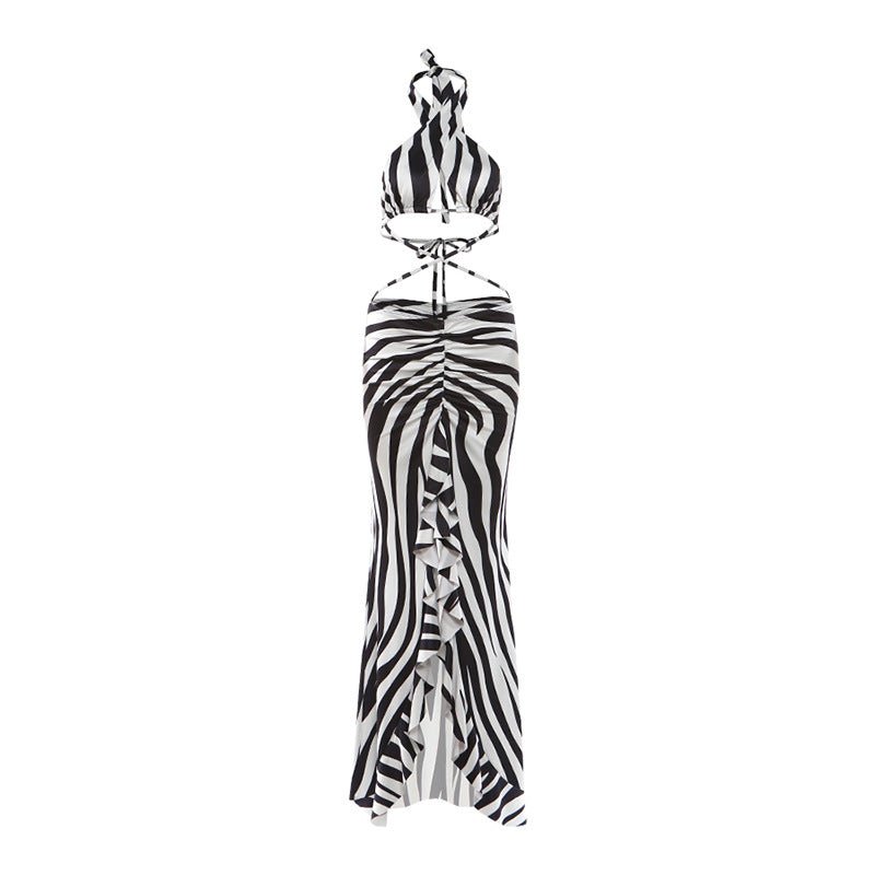 Bella Mia backless halter bandage dress for women featuring a split design and stringy selvedge details, perfect for spring.