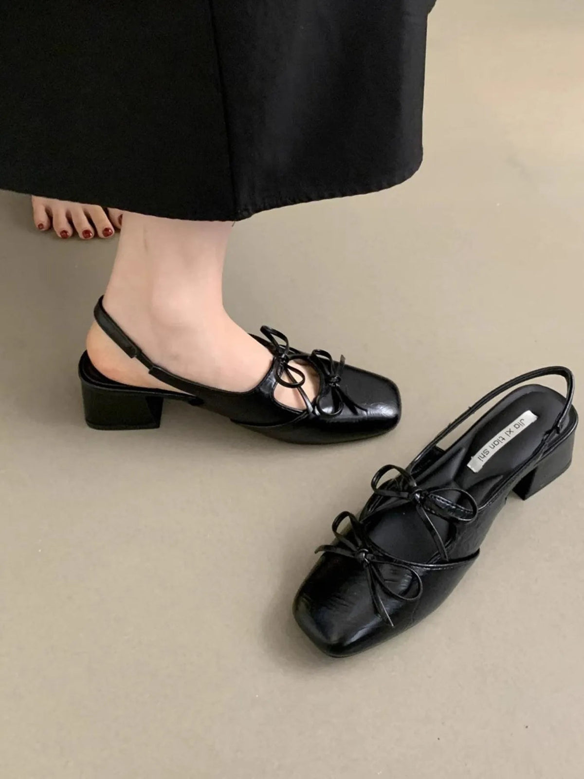 Women’s square toe slingback ballet flats with bow tie detail from Plush Fashion Hub, featuring a stylish and comfortable shoe design.
