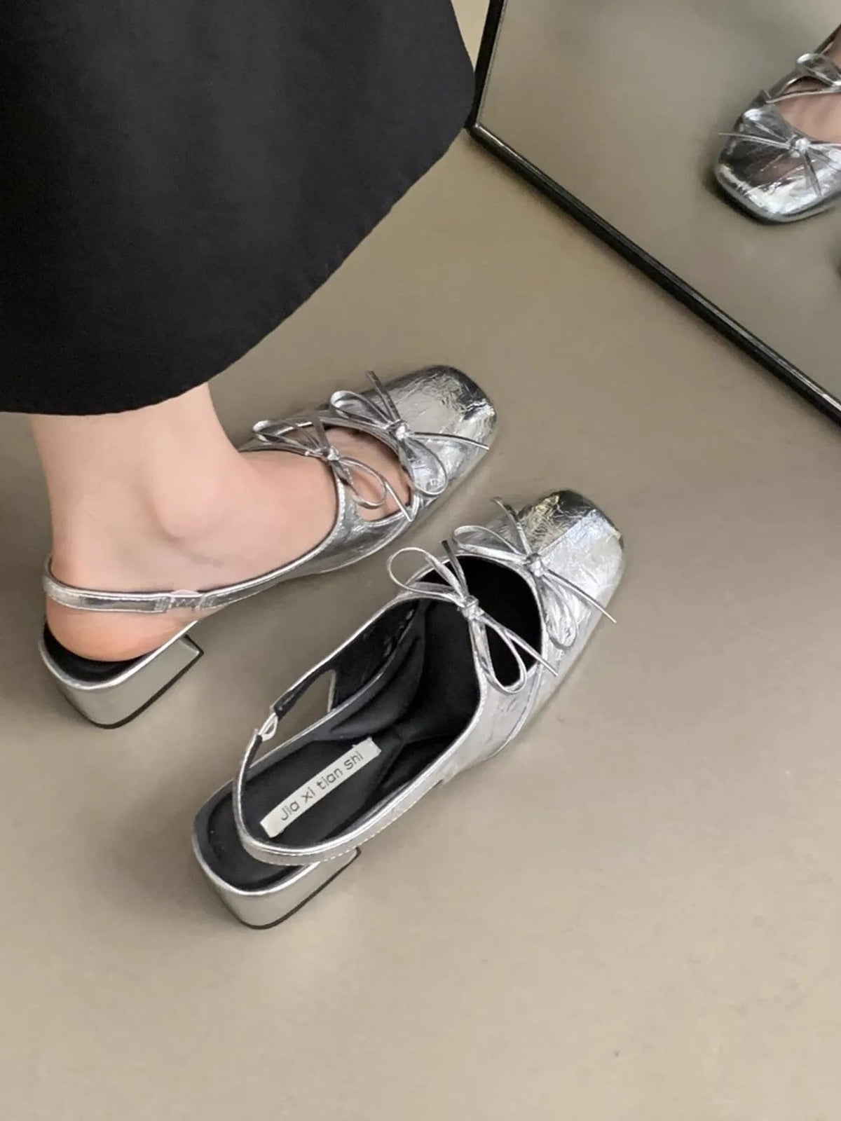 Women's square toe ballet flats with bow tie detail and slingback strap from Plush Fashion Hub.
