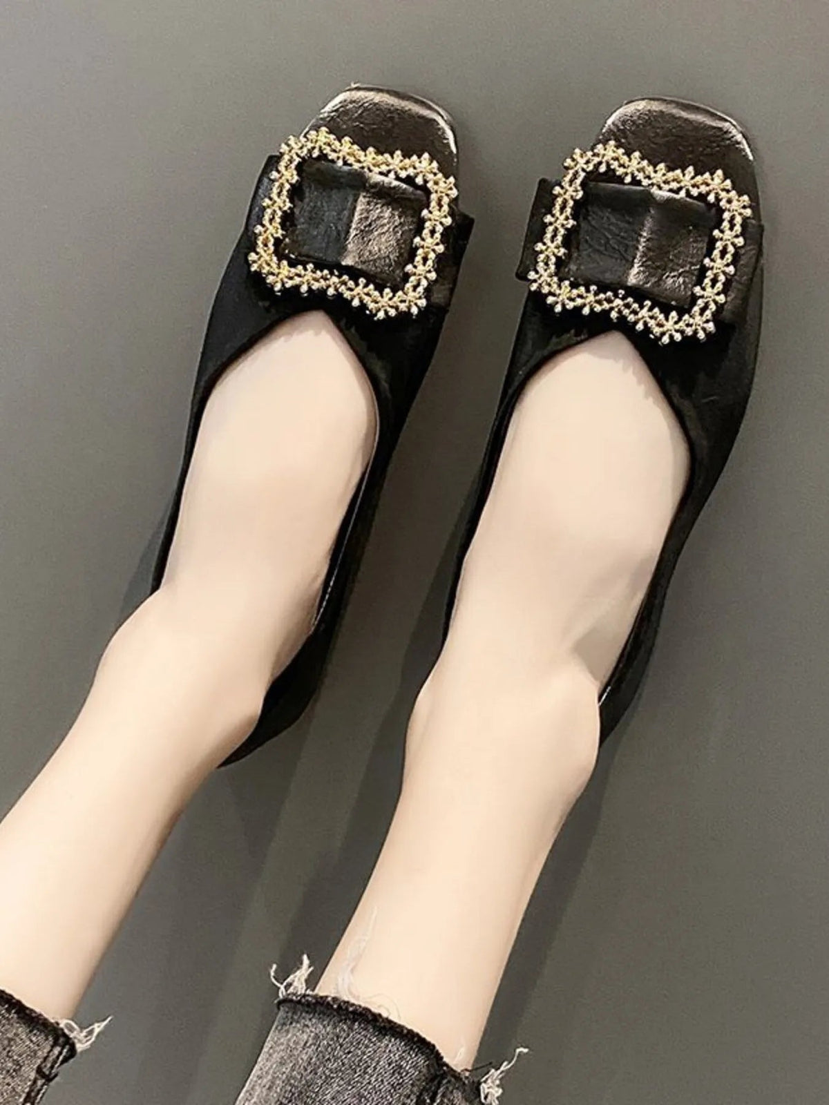 Women's square toe buckle faux leather flats with stylish loafer design from Plush Fashion Hub.
