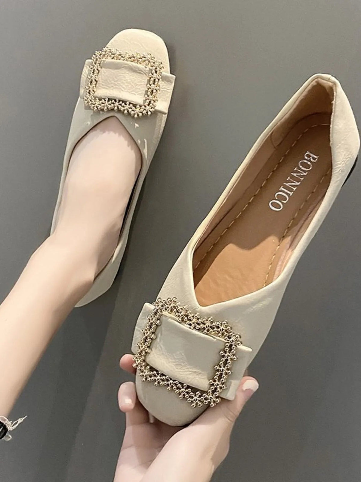 Women's square toe faux leather flats with buckle detail from Plush Fashion Hub, showcasing stylish and comfortable shoe design.