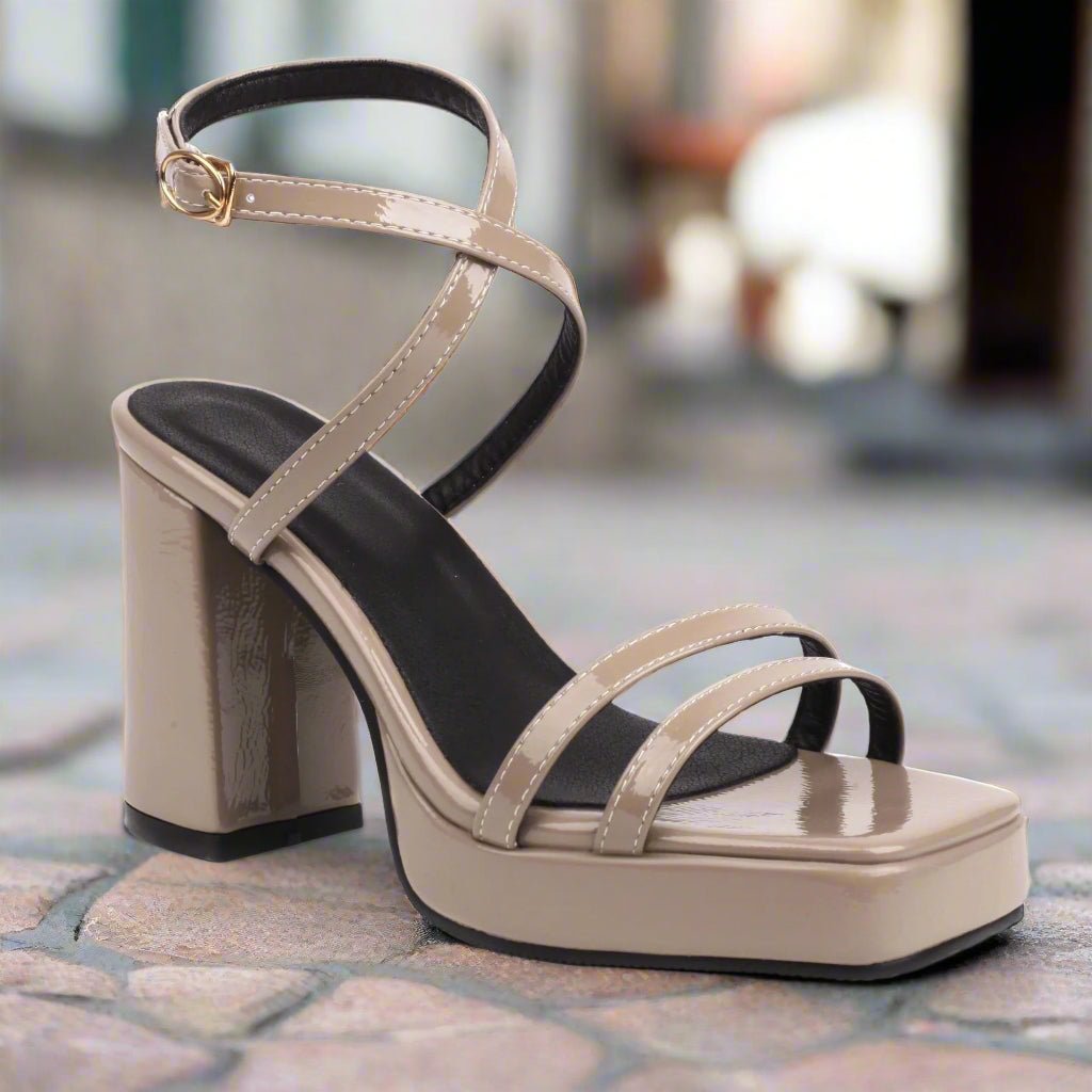 Elegant square-toe buckle strap high heels by FitiqueFit featuring thin straps and a summer block heel design.