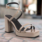 Elegant square-toe buckle strap high heels by FitiqueFit featuring thin straps and a summer block heel design.