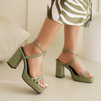 Elegant FitiqueFit square-toe buckle strap high heels with thin straps and summer block heel design, perfect for stylish occasions.