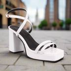 Elegant FitiqueFit square-toe buckle strap high heels with thin straps and summer block heel design.