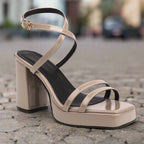 FitiqueFit square-toe buckle strap high heels with elegant thin straps and chunky summer block heels, perfect for stylish occasions.