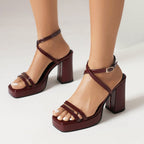 FitiqueFit square-toe buckle strap high heels with elegant thin straps and summer block heel design, perfect for stylish occasions.