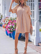 Stripe pinched V-neck mini dress with turn-up cuffs and pockets, stylish and casual for trendy fashion looks.