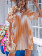 Stripe pinched V-neck mini dress with turn-up cuffs and pockets, stylish and casual by Trendsi.