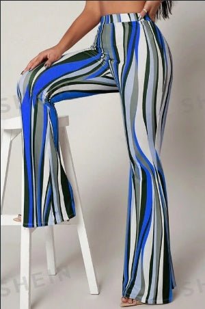 Striped high waist flared leg pants from LadyShow.Store, featuring bold vertical stripes and a stylish fit.