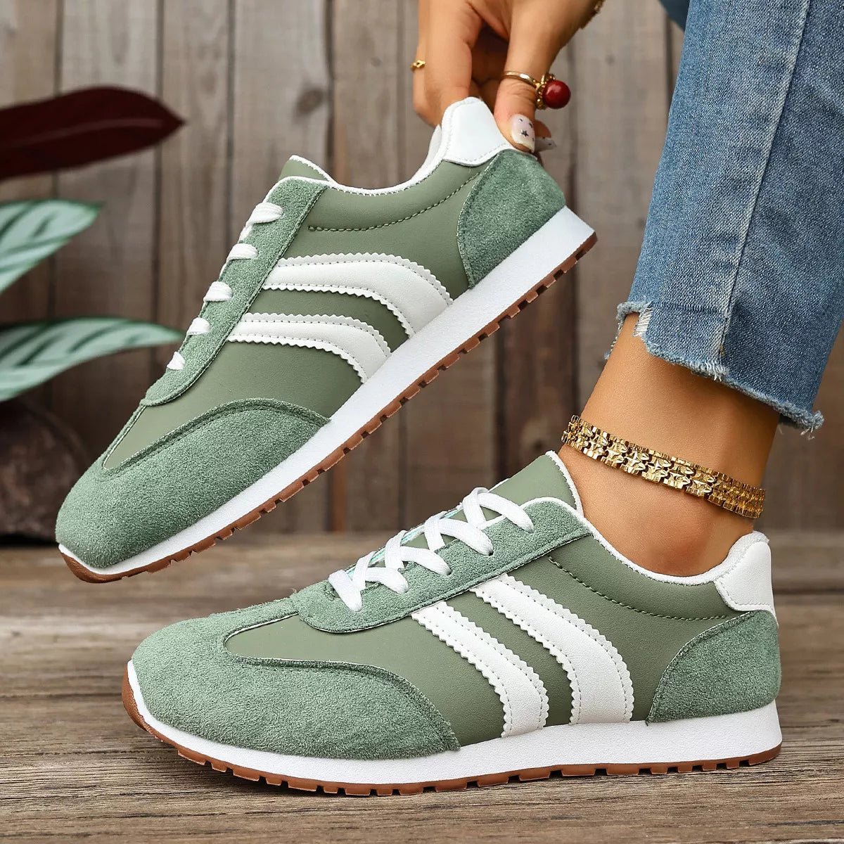 Women's casual striped suede lace-up sneakers by Plush Fashion Hub, featuring comfortable design and trendy style.