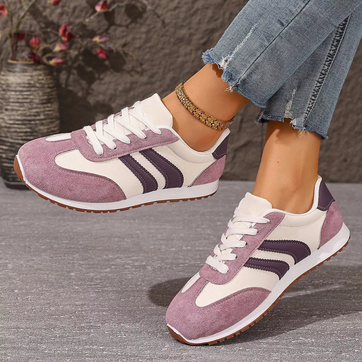 Women's casual striped suede lace-up sneakers by Plush Fashion Hub, featuring a stylish and comfortable design, perfect for everyday wear.
