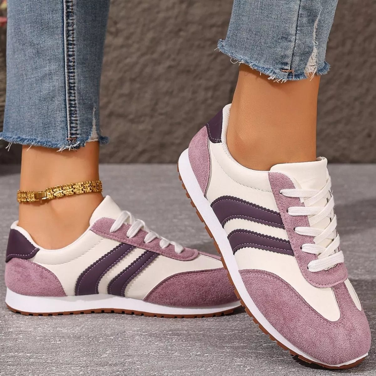 Women's casual striped suede lace-up sneakers by Plush Fashion Hub, featuring a stylish design and comfortable fit.