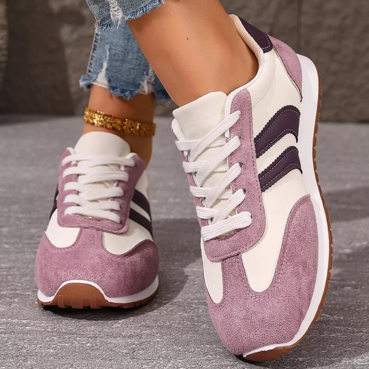 Women's striped suede lace-up sneakers by Plush Fashion Hub, casual shoe with colorful striped design and comfortable fit.