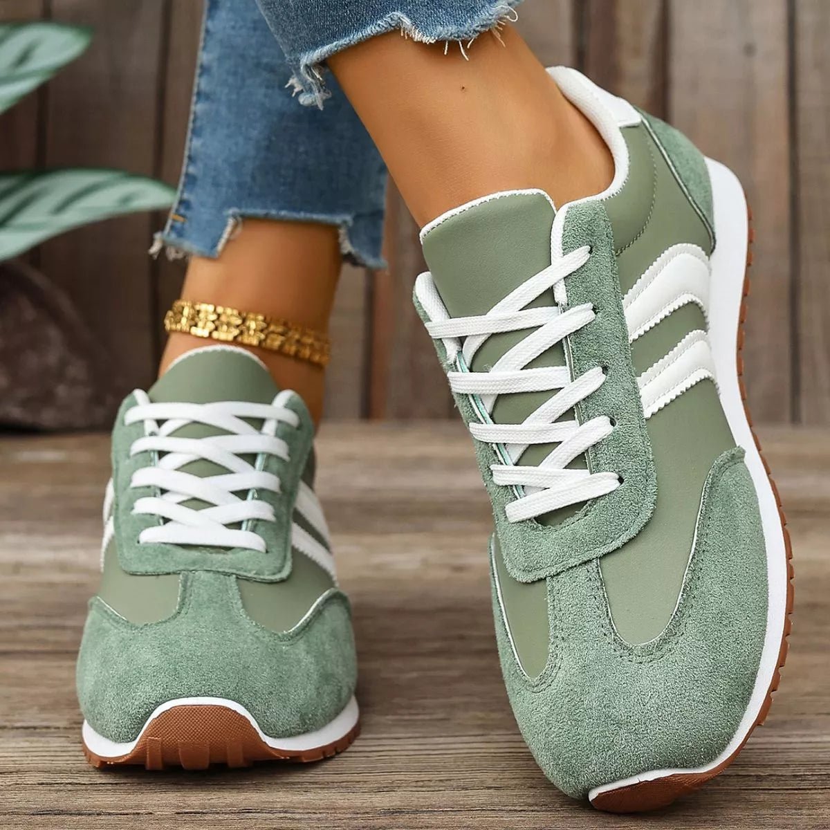 Women's casual striped suede lace-up sneakers by Plush Fashion Hub, featuring comfortable design and stylish striped pattern.