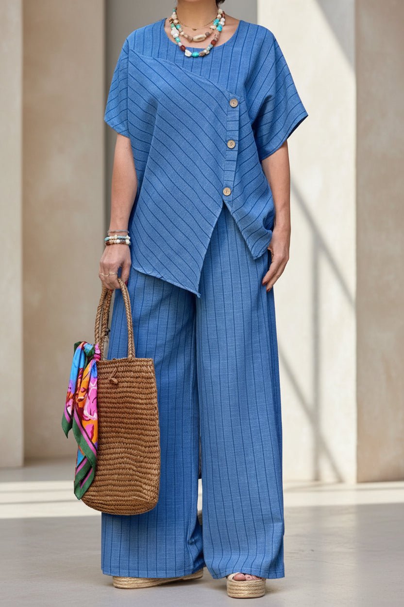 FitiqueFit striped shirt and loose pants set with three-quarter sleeves, casualwear two-piece outfit, stylish and comfortable.