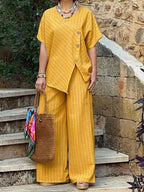FitiqueFit striped shirt and loose pants set, casualwear with three-quarter sleeves, featuring a stylish striped design.