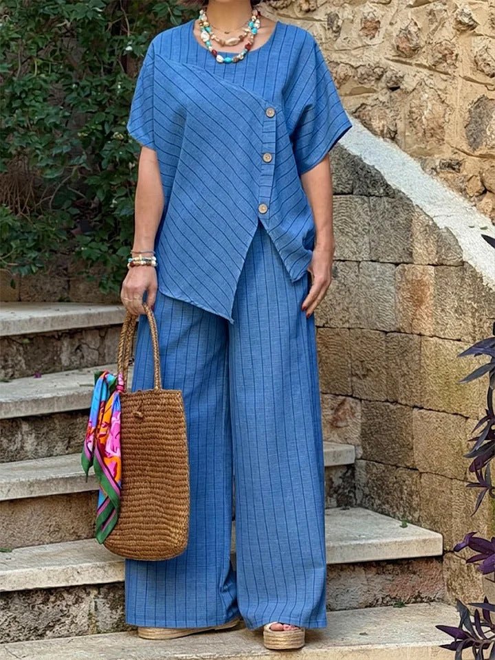 Casual Wear: FitiqueFit striped shirt and loose pants set with three-quarter sleeves, ideal for relaxed, stylish everyday looks.