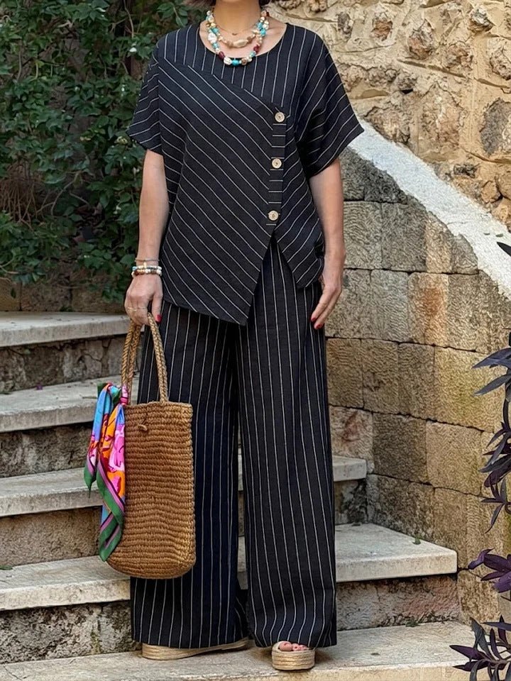 Casual FitiqueFit striped shirt and loose pants set with three-quarter sleeves, perfect for comfortable everyday wear.