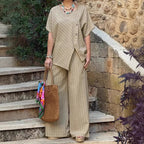 Casualwear striped shirt and loose pants set from FitiqueFit featuring three-quarter sleeves, perfect for relaxed everyday wear.