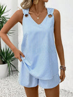Striped sleeveless top and shorts set by FitiqueFit, women's summer casualwear two-piece with stand collar and sleeveless design.