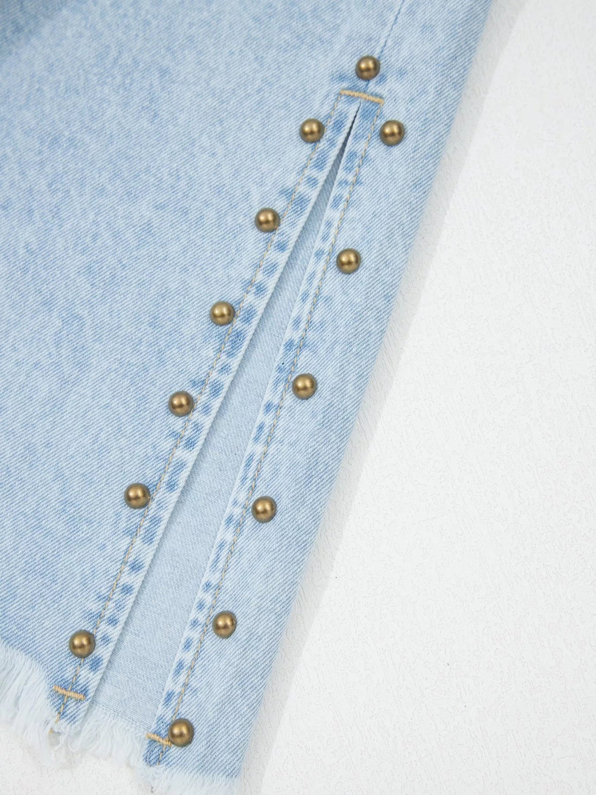 Plush Fashion Hub studded wide leg jeans with frayed hem, side slits, and distressed details, showcasing trendy denim fashion.