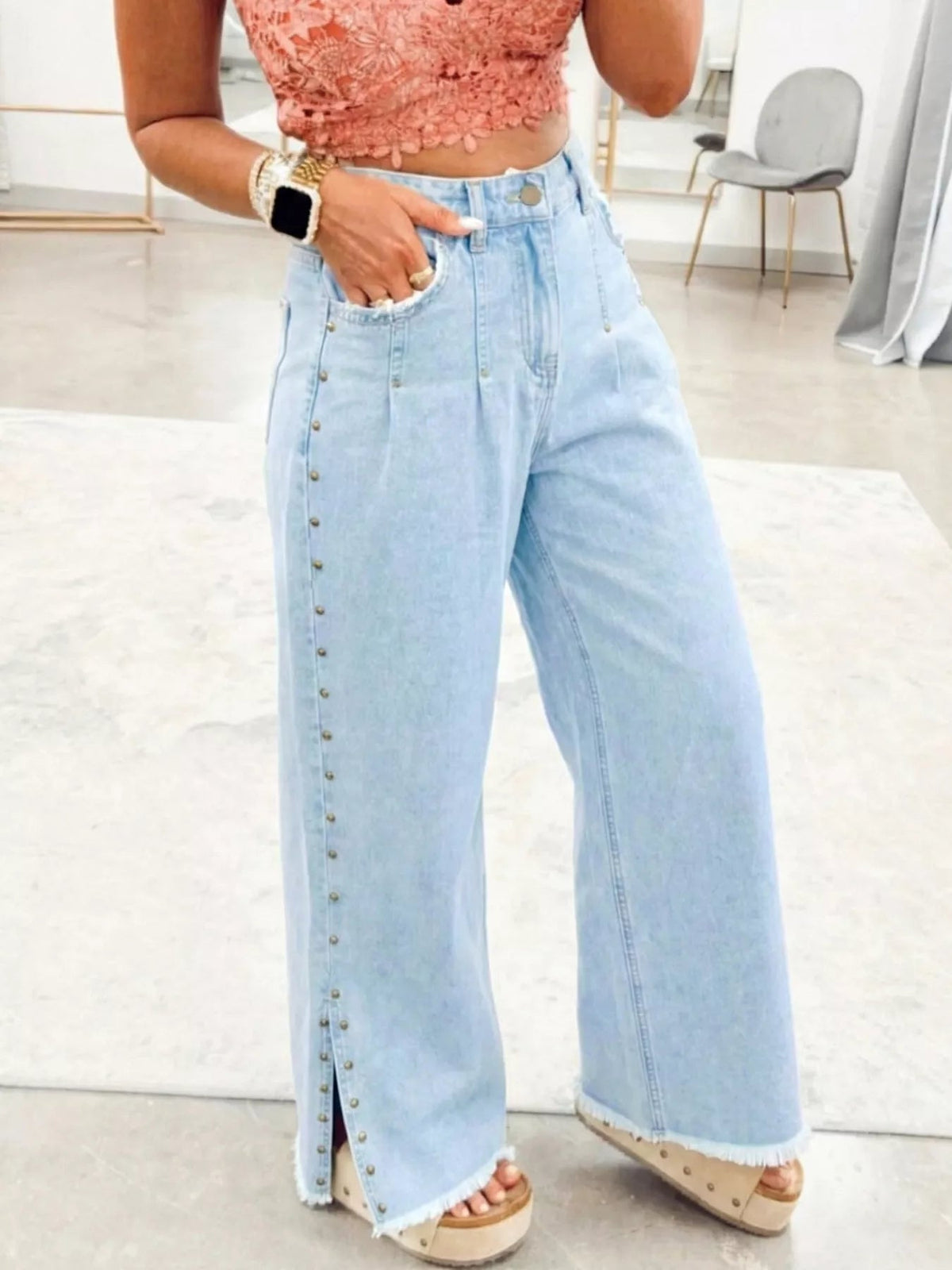 Plush Fashion Hub studded wide-leg jeans with frayed hem and side slits, casual denim pants with edgy details