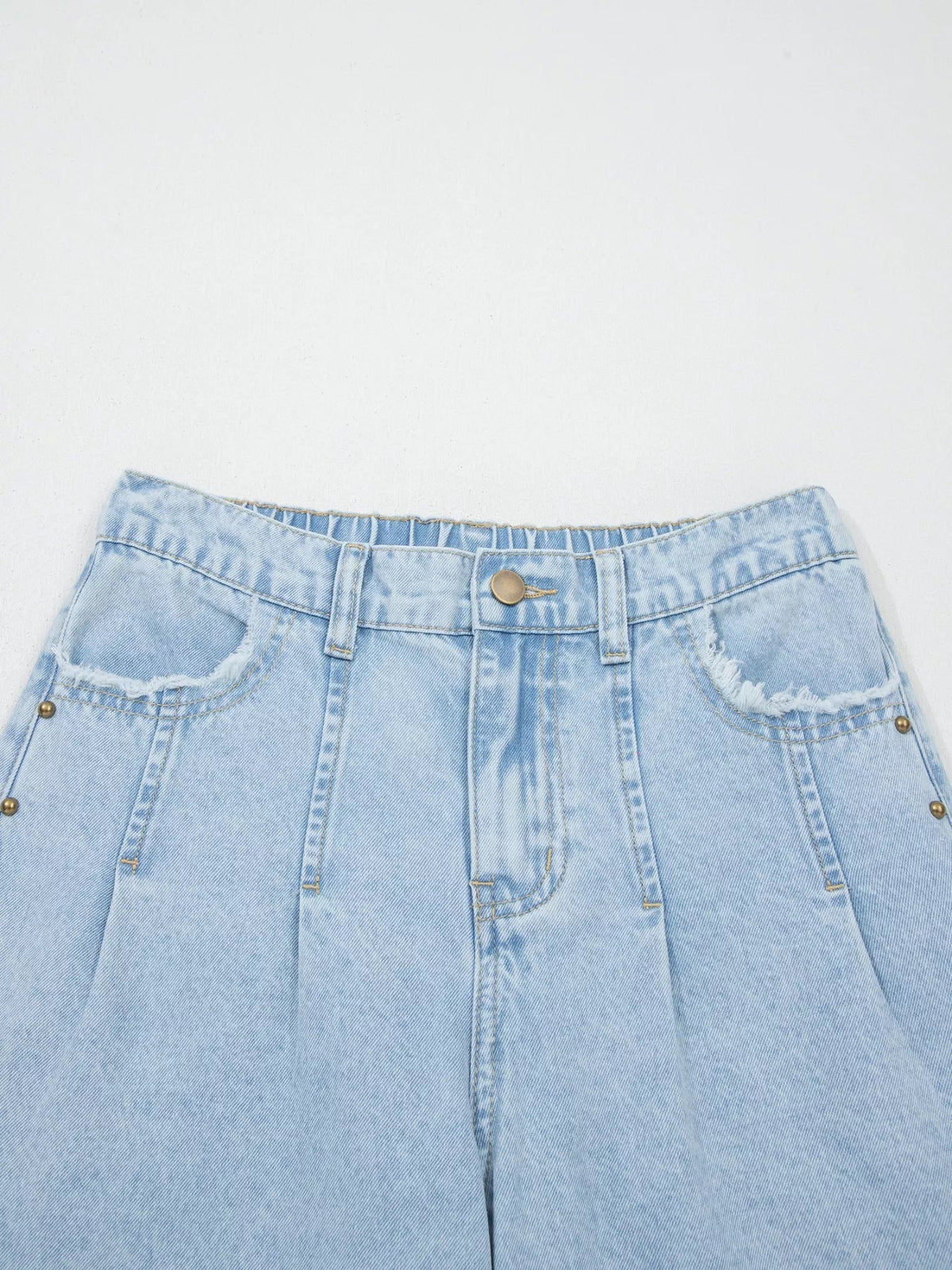 Plush Fashion Hub studded wide-leg jeans with frayed hem and side slits, casual denim pant for trendy style