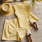 Women's cotton and linen suit vest from FitiqueFit, casualwear with a tailored fit and neutral color, suitable for stylish everyday wear.