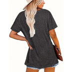Bright sunrise print on FitiqueFit casual round neck T-shirt, showcasing vibrant colors and relaxed fit for everyday wear.