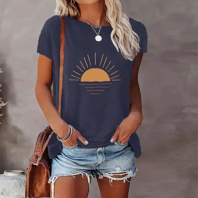 Sunrise print round neck T-shirt by FitiqueFit, casualwear with vibrant sunrise design on soft fabric.