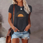 Sunrise print round neck casual T-shirt by FitiqueFit featuring vibrant sunrise artwork on soft fabric.