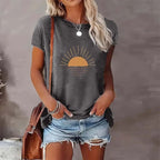 Sunrise print round neck casual T-shirt by FitiqueFit featuring a vibrant sunrise design on soft fabric.
