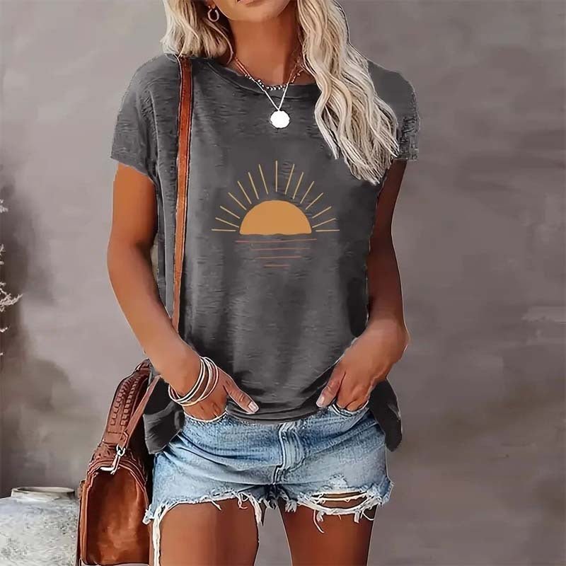 Sunrise print round neck casual T-shirt by FitiqueFit featuring a vibrant sunrise design on soft fabric.