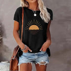 Sunrise print round neck T-shirt by FitiqueFit, casualwear with vibrant sunrise graphic on soft fabric.