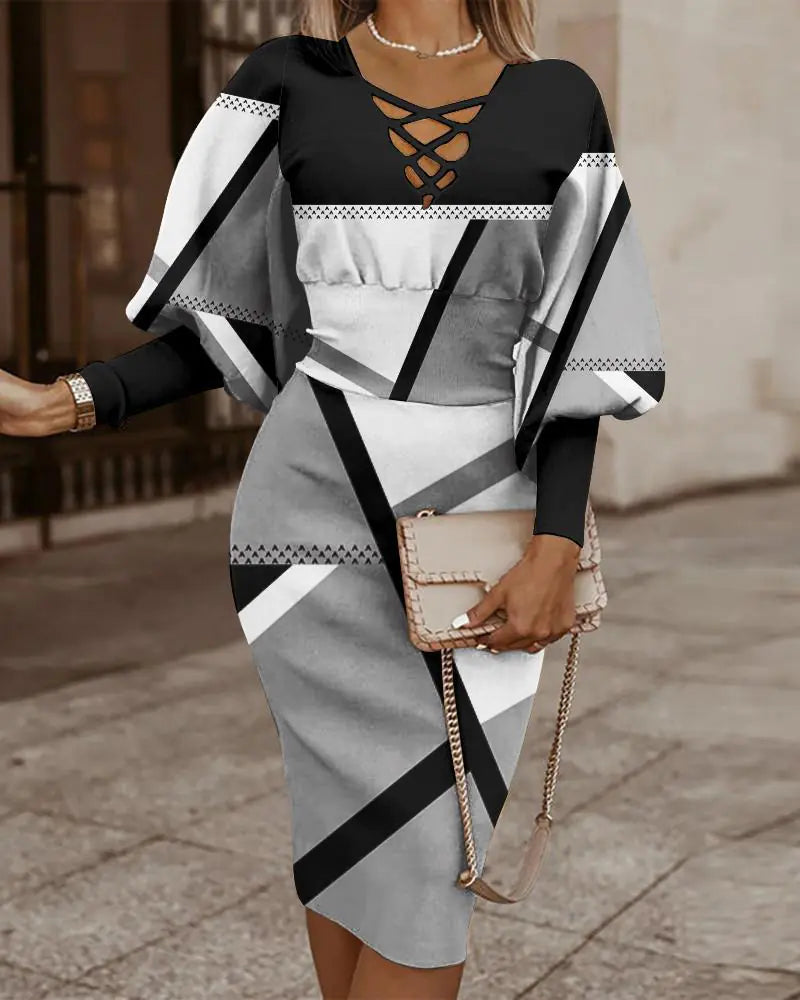 Elegant women's V-neck long sleeve pencil dress by Trendy Attic Store01, displayed on a mannequin with a fitted silhouette.