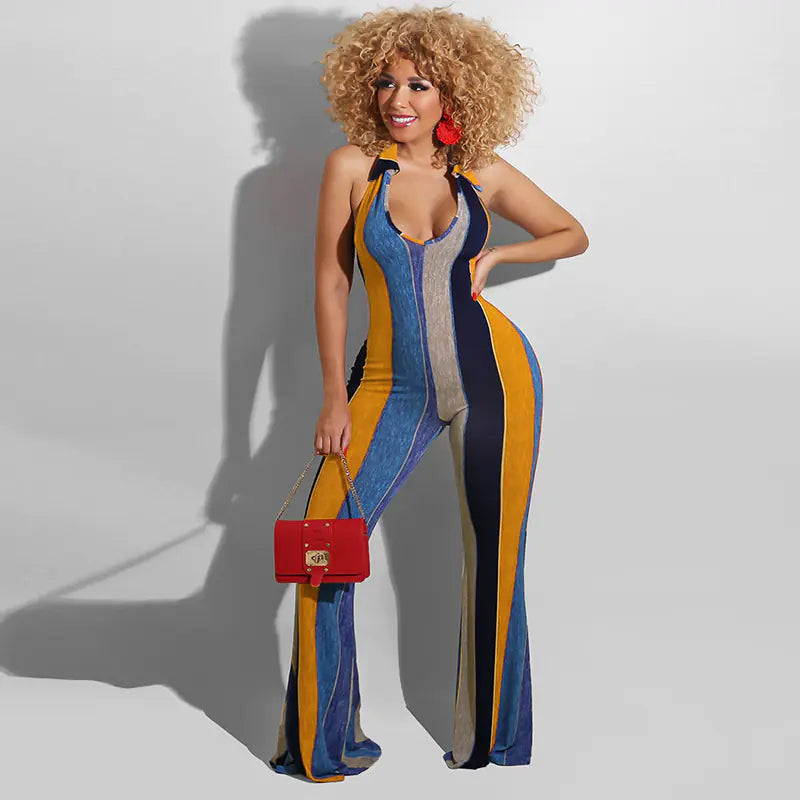Women’s striped halter jumpsuit with horn accents, stylish and bold, featuring a fitted silhouette and trendy design.