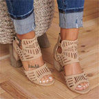 Women's floral cutout chunky heel sandals with open toes and ankle straps, stylish women's shoes from Trendy Attic Store01.