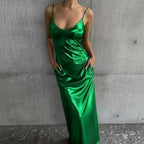Textured mirror-finish U-neck slip maxi dress with pockets, casualwear by FitiqueFit, shown on a model.