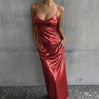 Textured mirror-finish U-neck slip maxi dress with pockets by FitiqueFit, casualwear, showing the elegant length and fabric detail.