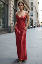 Textured mirror-finish U-neck slip maxi dress with pockets from FitiqueFit, casualwear style, shown on a model.