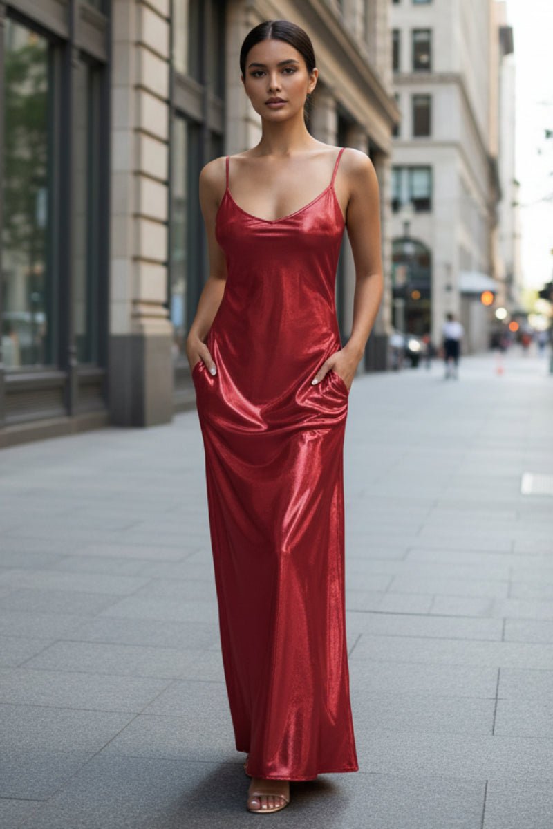 Textured mirror-finish U-neck slip maxi dress with pockets from FitiqueFit, casualwear style, shown on a model.