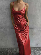 Textured mirror-finish U-neck slip maxi dress with pockets, casualwear by FitiqueFit, shown hanging with fabric details visible.