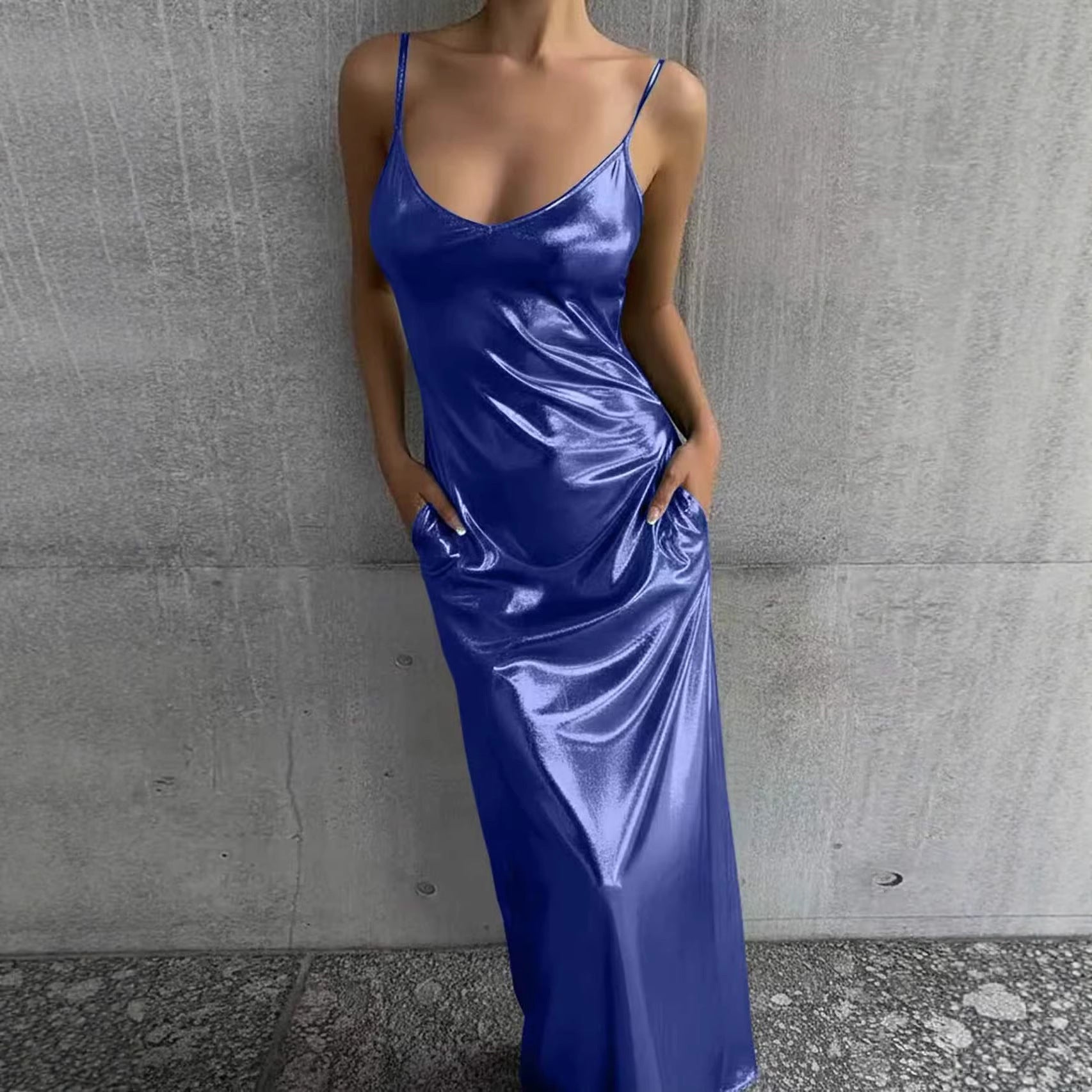 Textured mirror-finish U-neck slip maxi dress with pockets, casualwear by FitiqueFit, shown laid flat with detailed fabric texture.