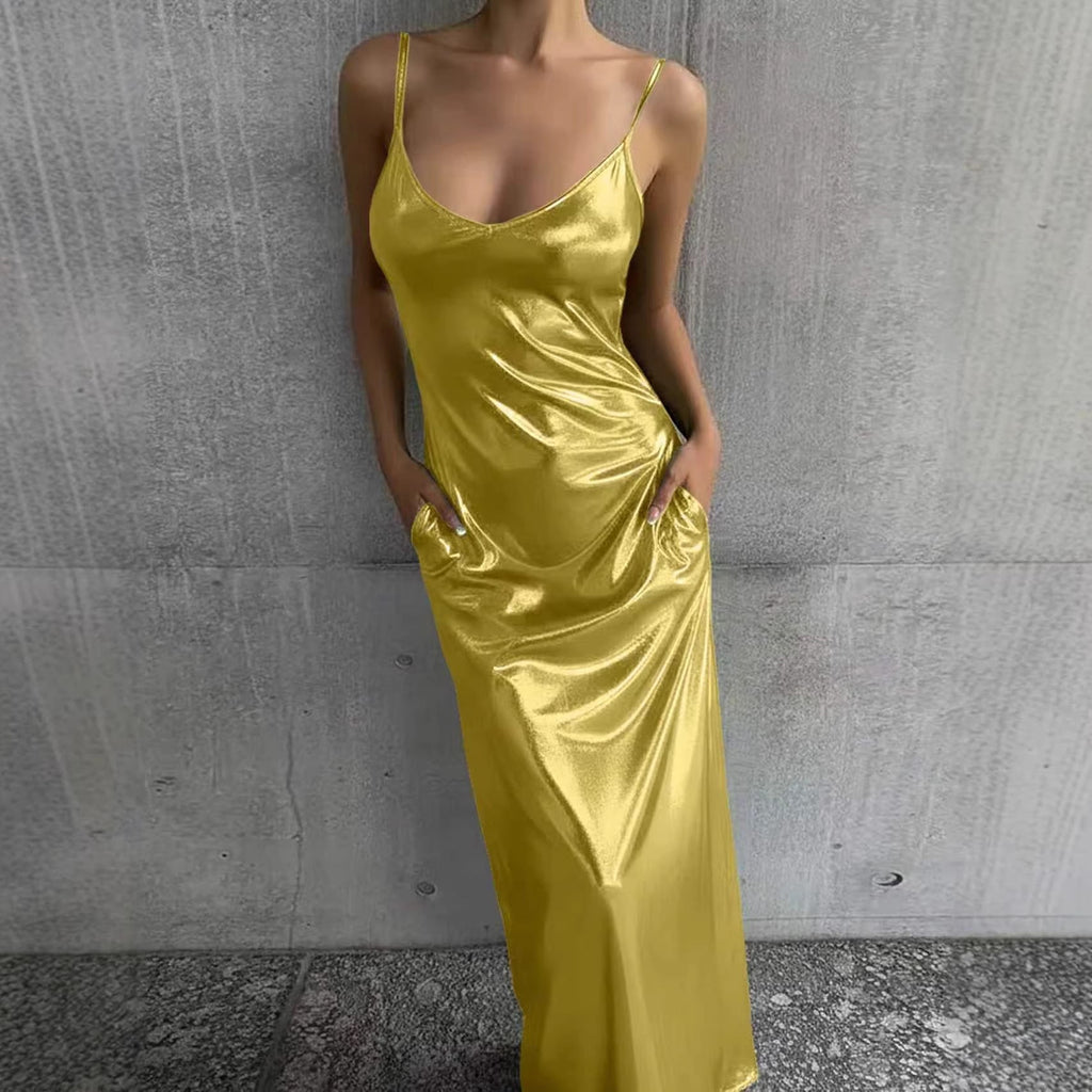 Textured mirror-finish U-neck slip maxi dress with pockets by FitiqueFit, casualwear style, shown on a model.