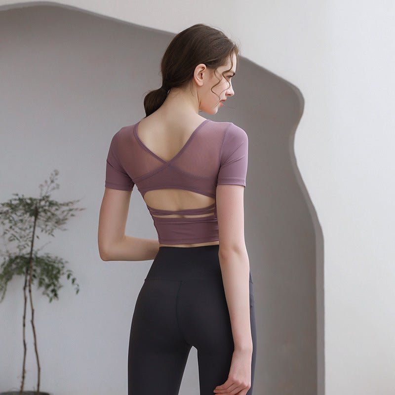 FitiqueFit tight fit yoga top with chest pad, breathable activewear, featuring a stylish beauty back design.